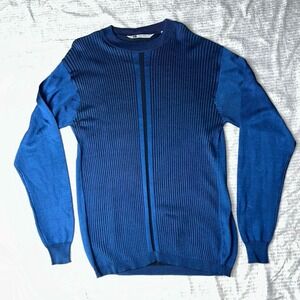 Bachrach Men's XL Blue Ribbed Knit Rayon Cotton Sweater Crewneck Pullover